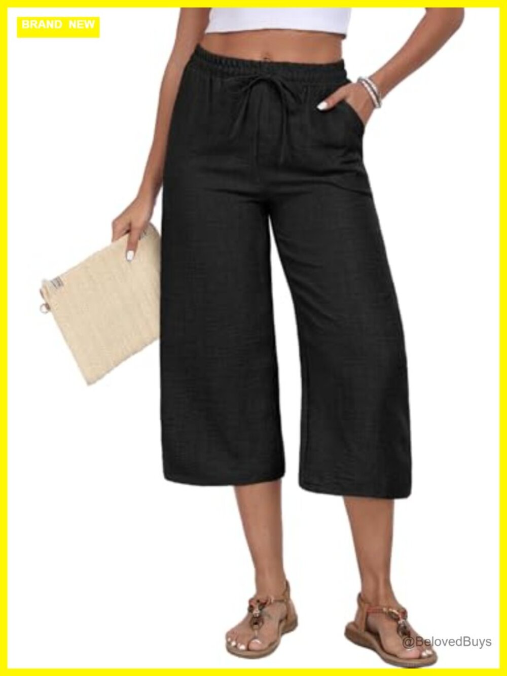 Womens Capri Pants 100% Polyester Imitation Linen Wide Leg Summer Casual